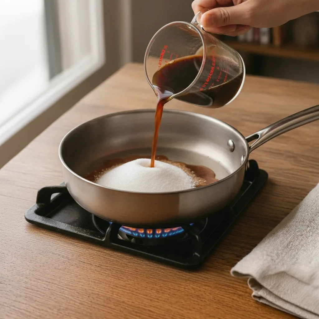 In a pot, combine the sugar and the strong brewed coffee over medium heat.