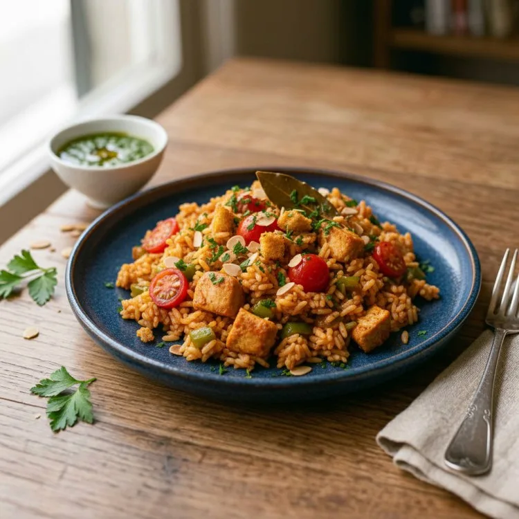 Hähnchen-Pfanne mit Reis, Paprika und Tomaten