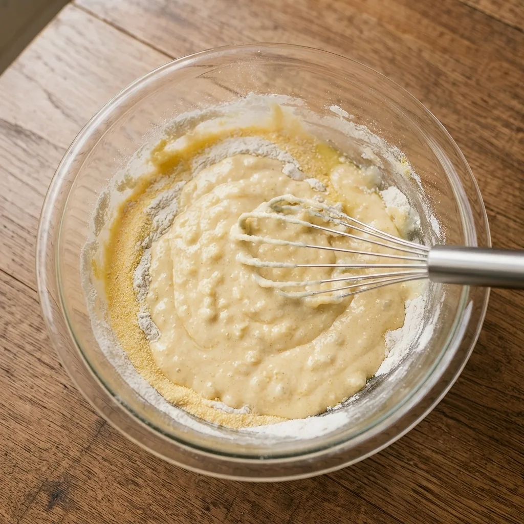 Mix the flours, margarine, salt, and water gradually until you achieve a consistency similar to pancake batter.