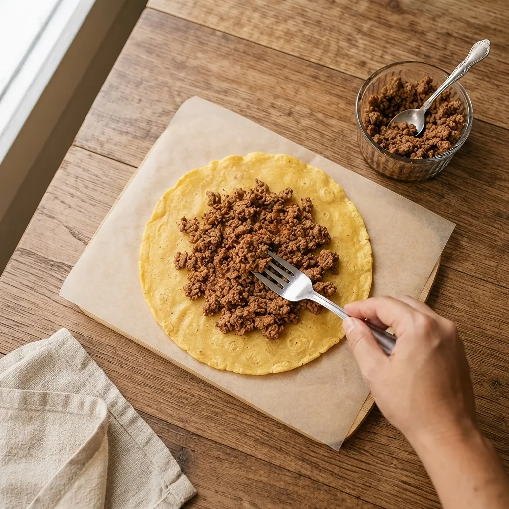 Place a portion of the sautéed ground beef in the center of the wrap, spreading it gently.