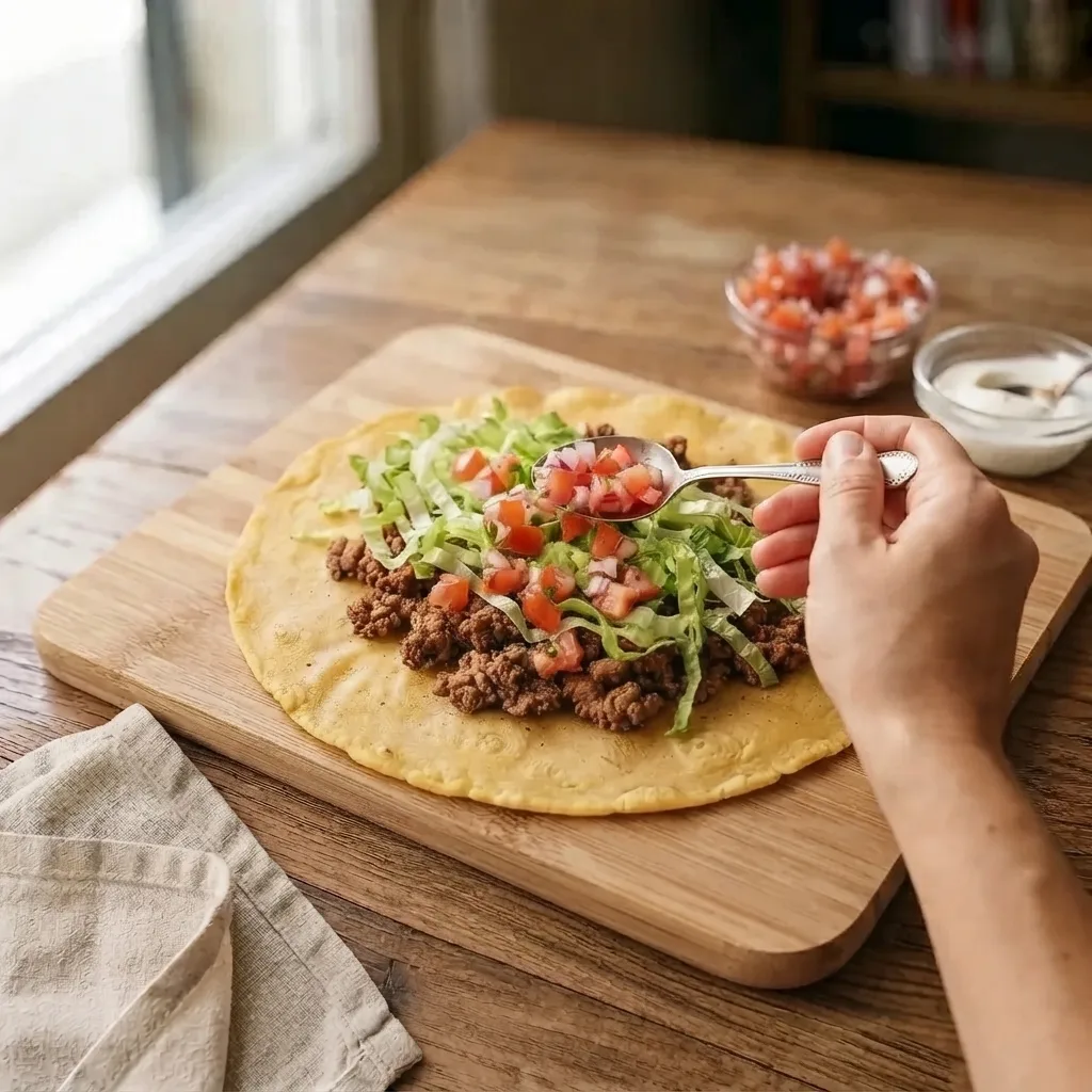 Add the diced tomato and onion on top, including your preferred sauces if desired.