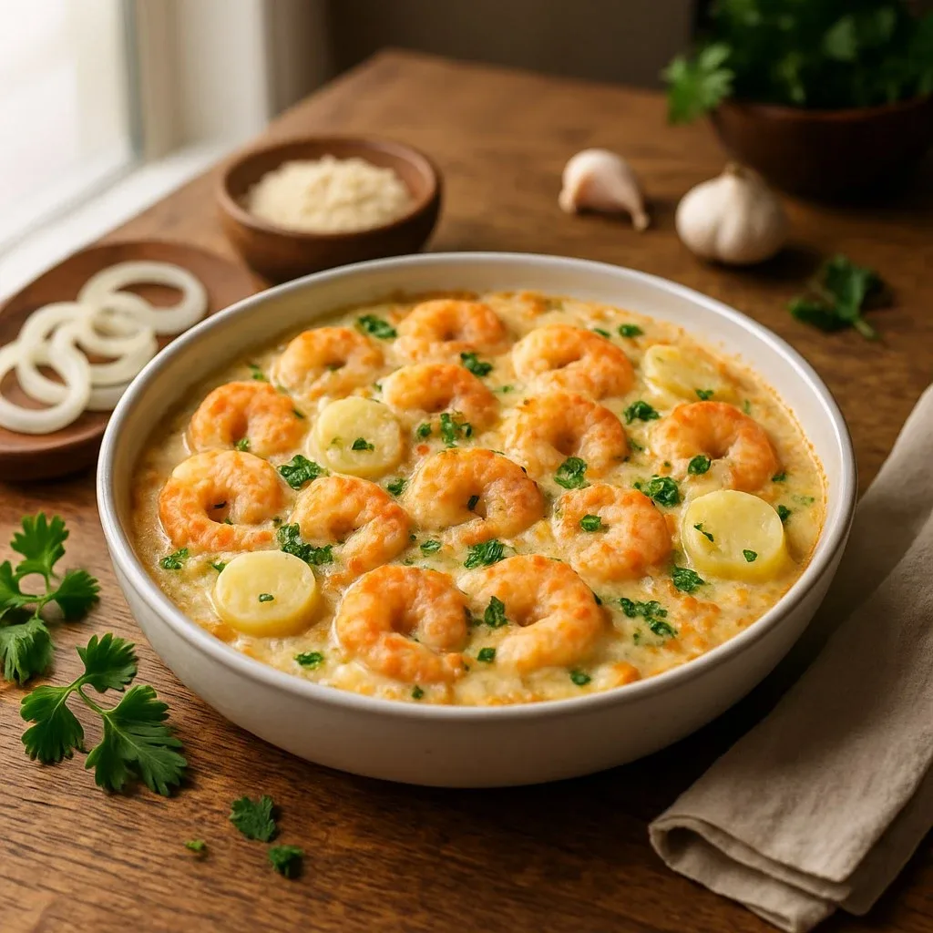 Gratinirani škampi s palminim srcima (Receita de camarão com palmito gratinado e saboroso)