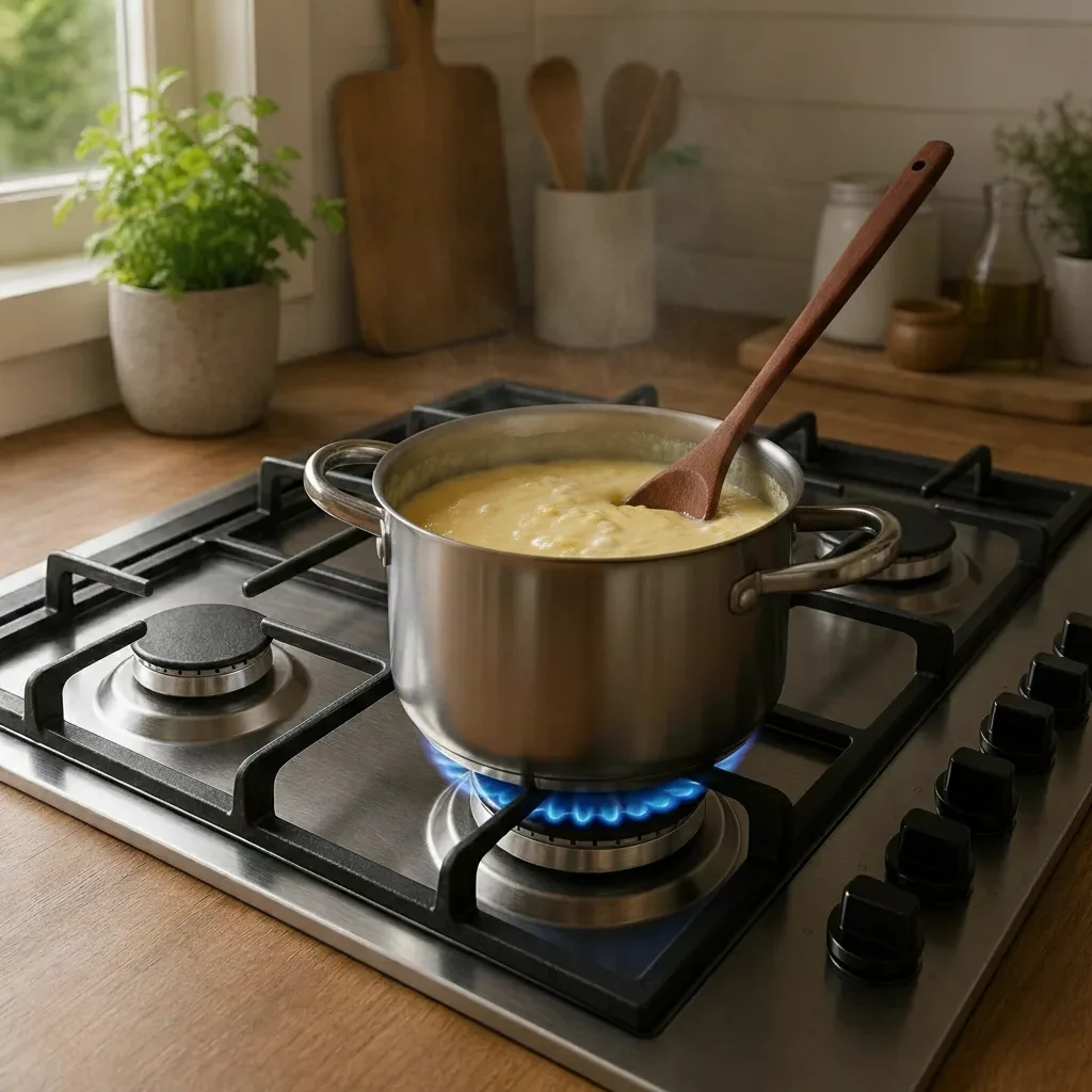 Cozinhe mexendo sem parar com uma espátula para não grudar no fundo, até que a mistura engrosse e atinja um ponto cremoso