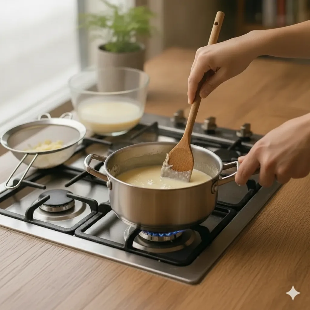 Bei mittlerer Hitze kochen und dabei ununterbrochen mit einem Teigschaber rühren, damit sich am Topfboden keine Klümpchen bilden