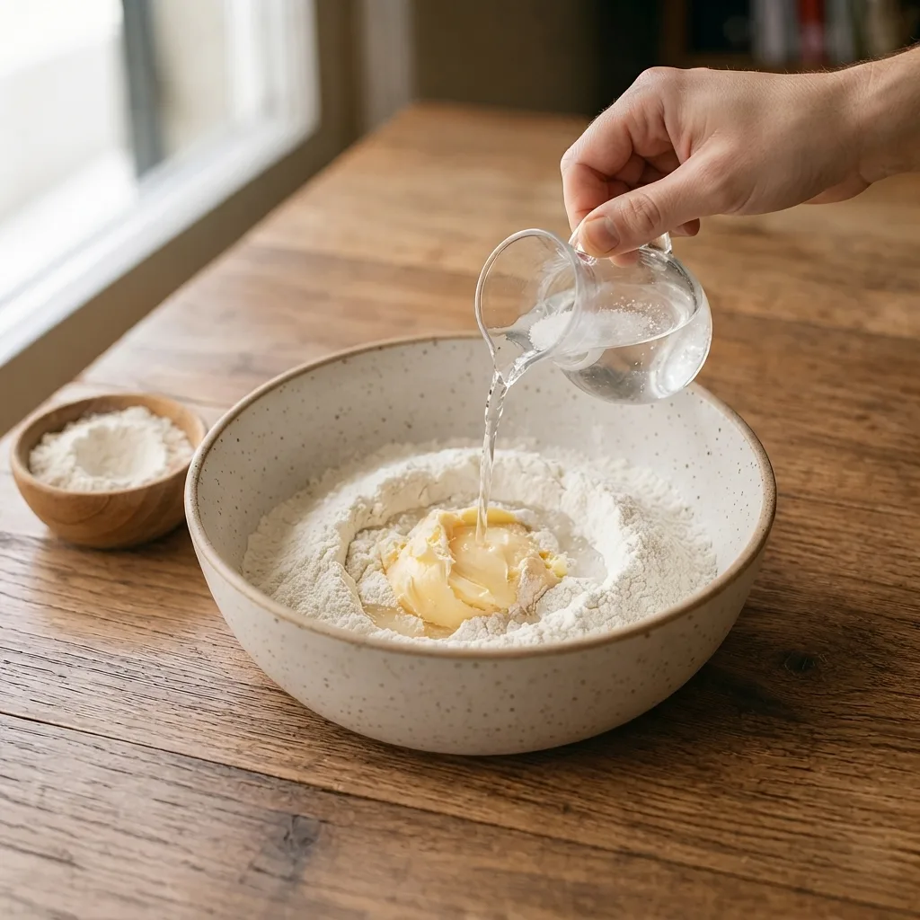 In a medium bowl, gradually mix the flour, butter, and salted water