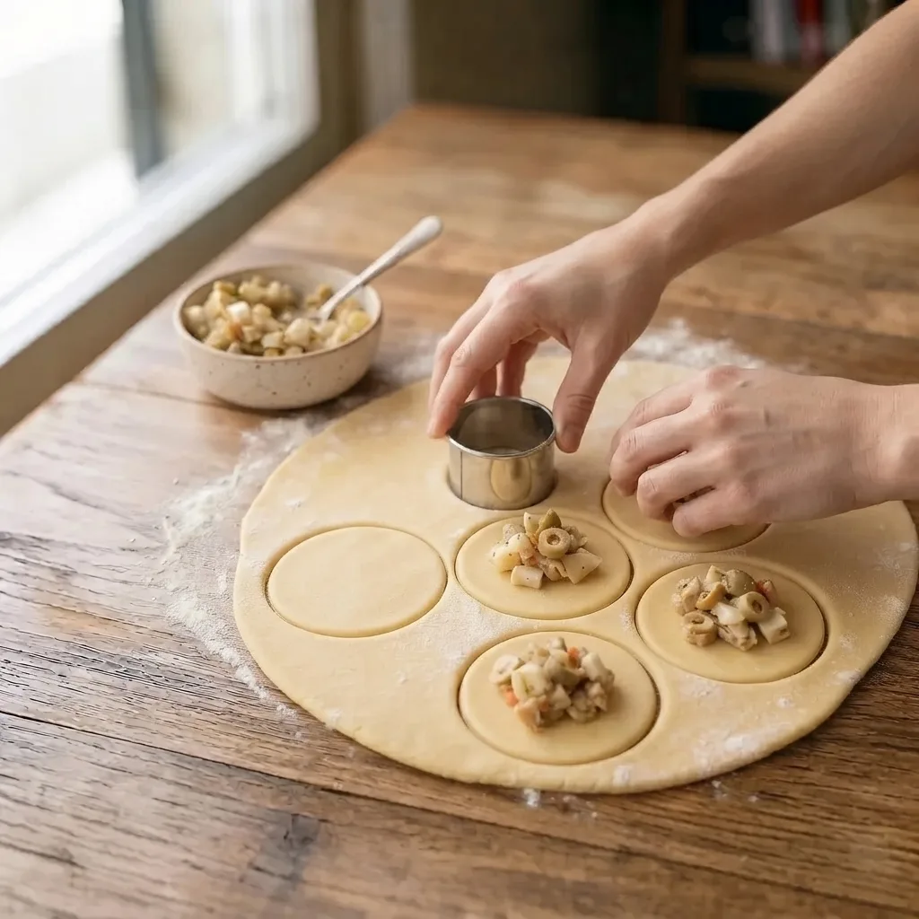 Cut circles out of the dough using a round cutter or the rim of a large glass