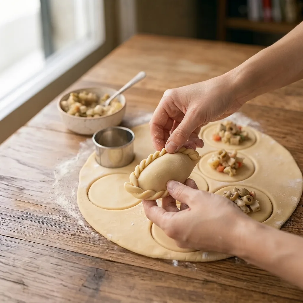 Place the filling in the center, fold the dough over, and seal the edges by pressing with your fingers