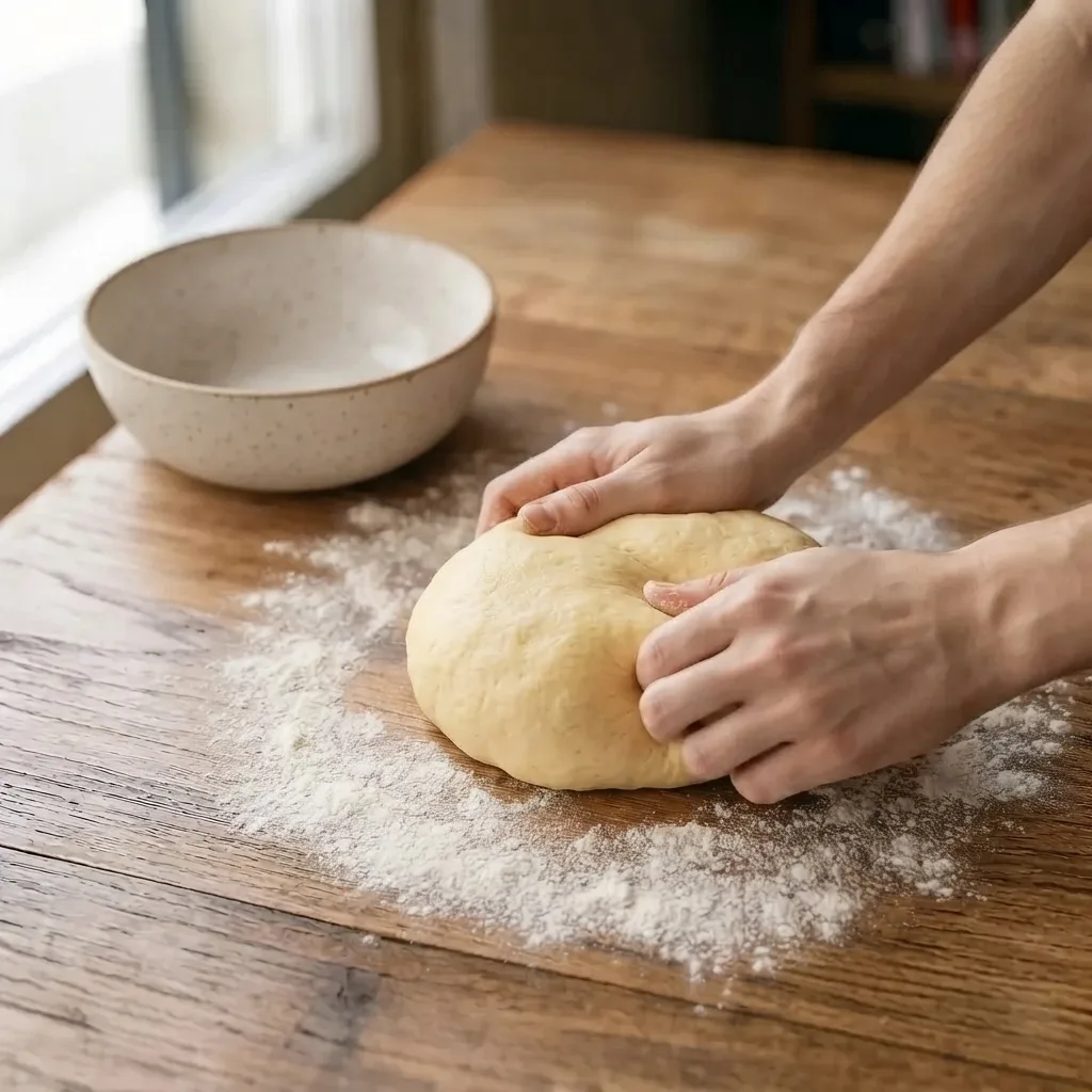 Knead the dough on a floured surface until it becomes smooth and homogeneous