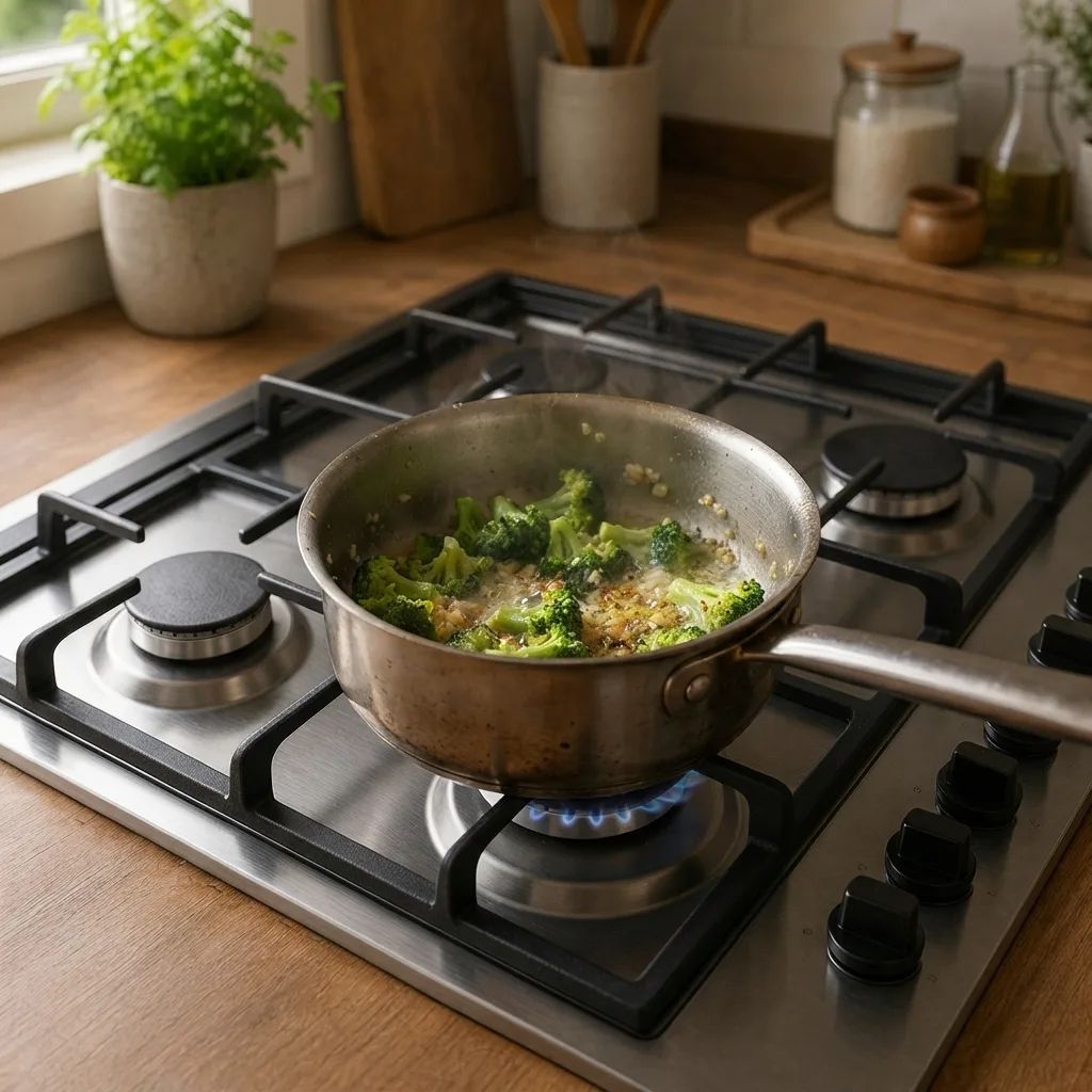 Melt the butter in a pan, add the garlic, and sauté the broccoli for approximately 5 minutes.