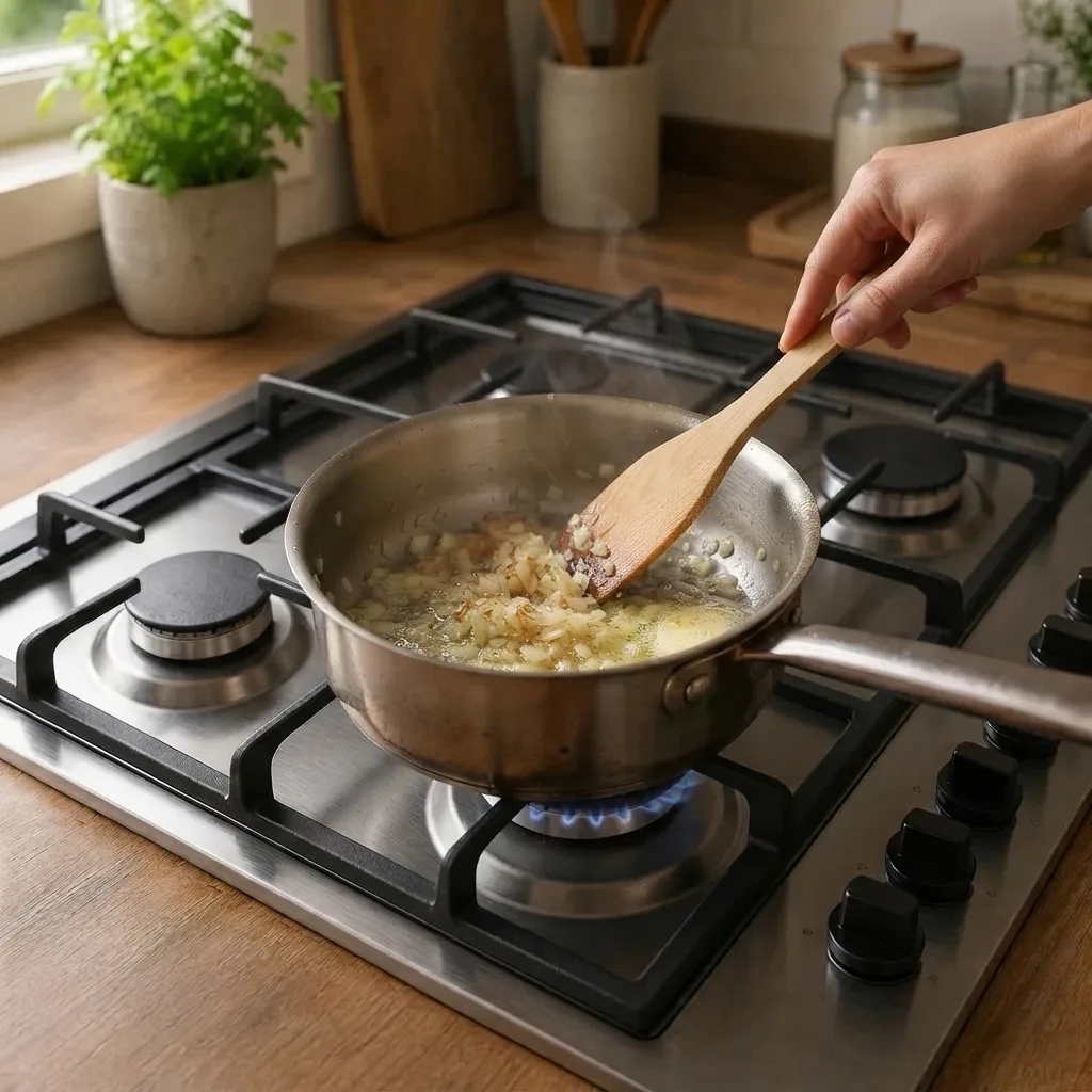 In a separate pan, melt the butter and lightly brown the finely chopped onion.