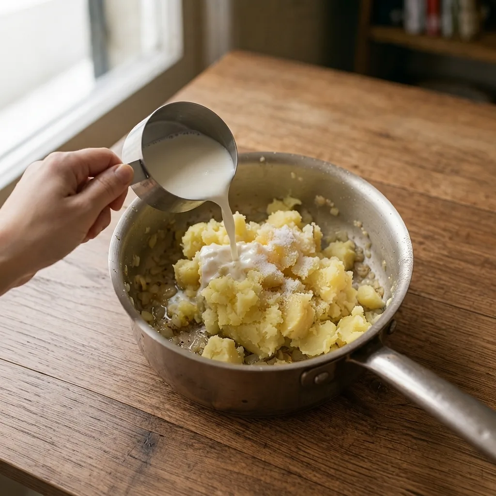 Add the mashed potatoes, milk, and salt to the pan with the onions.