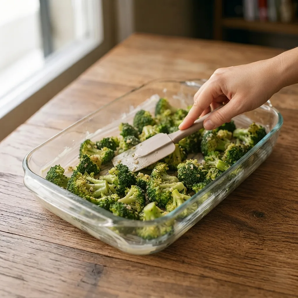 Grease a baking dish with a little butter and spread all of the sautéed broccoli across the bottom.