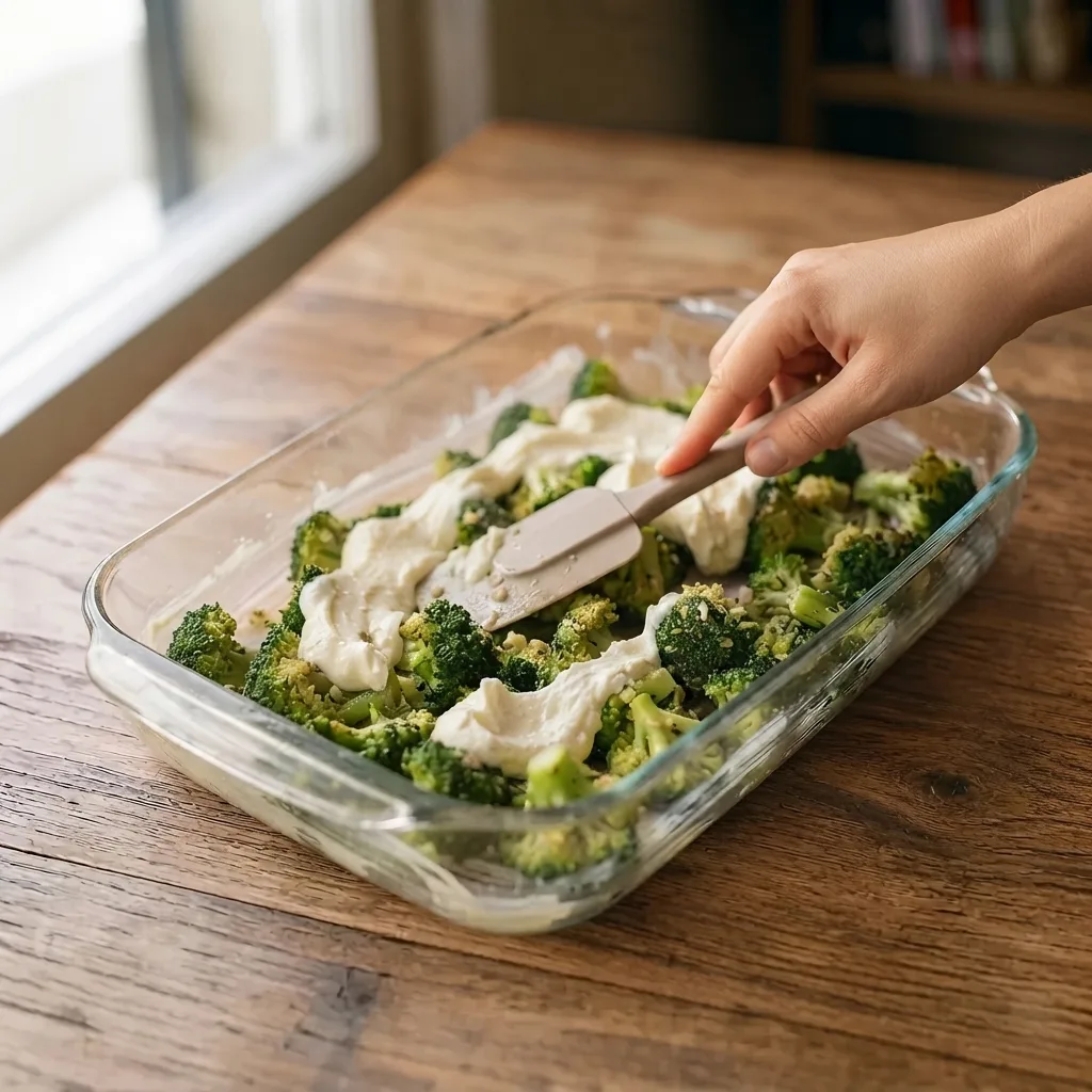 Distribute the requeijão over the layer of broccoli.
