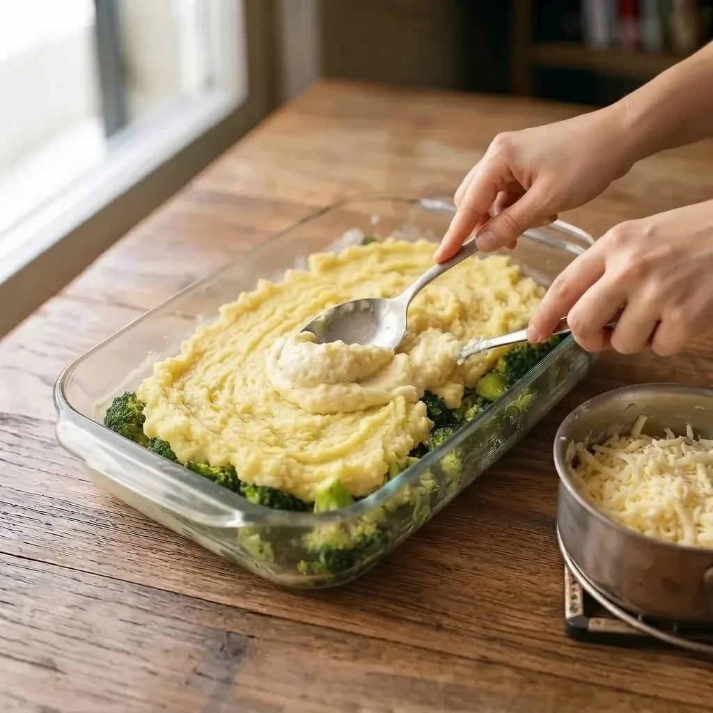 Cover the dish with the mashed potato purée and finish by spreading the mozzarella on top.