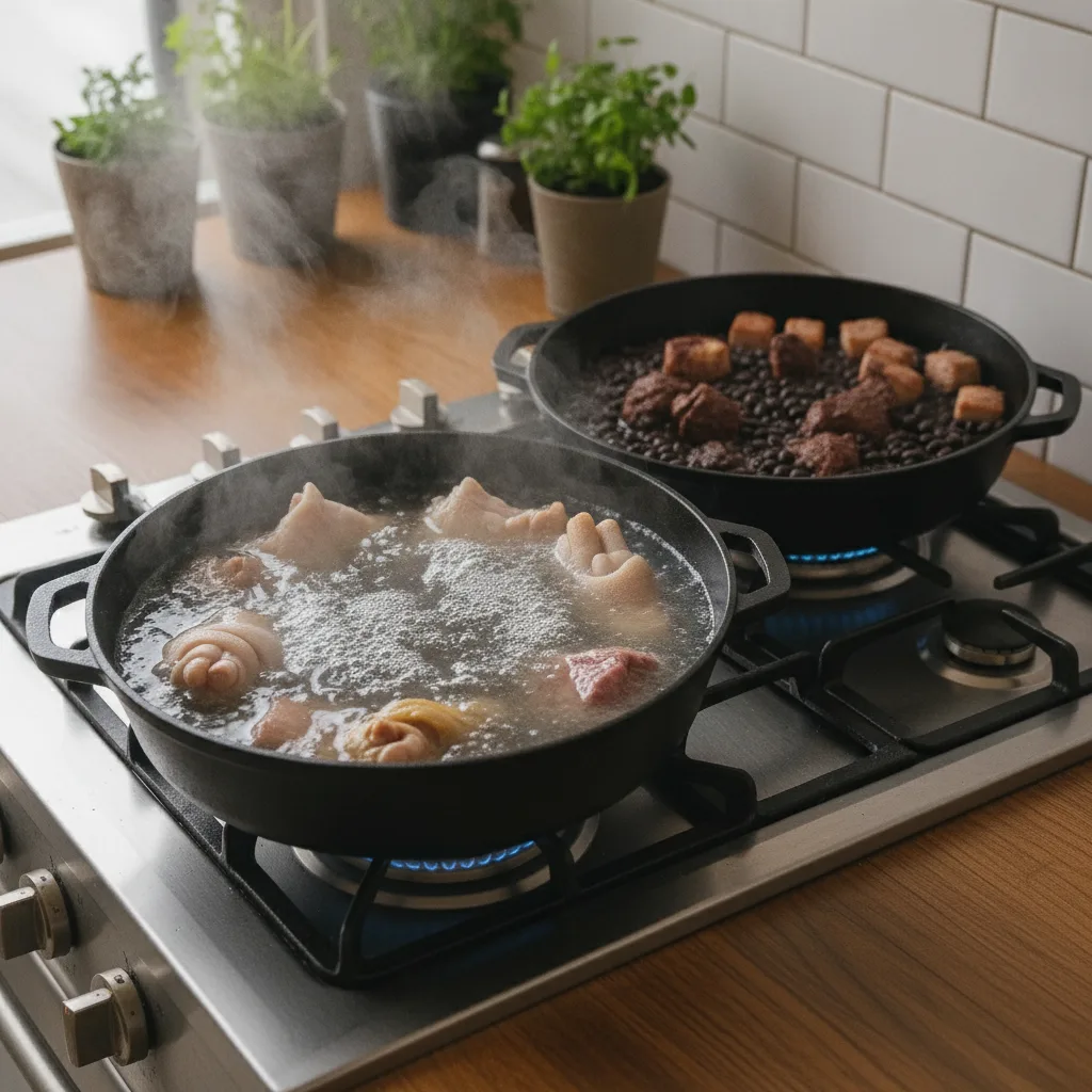 Em uma panela separada, ferva as carnes mais rígidas (pé, joelho, rabo, orelha e carne-seca) para retirar impurezas
