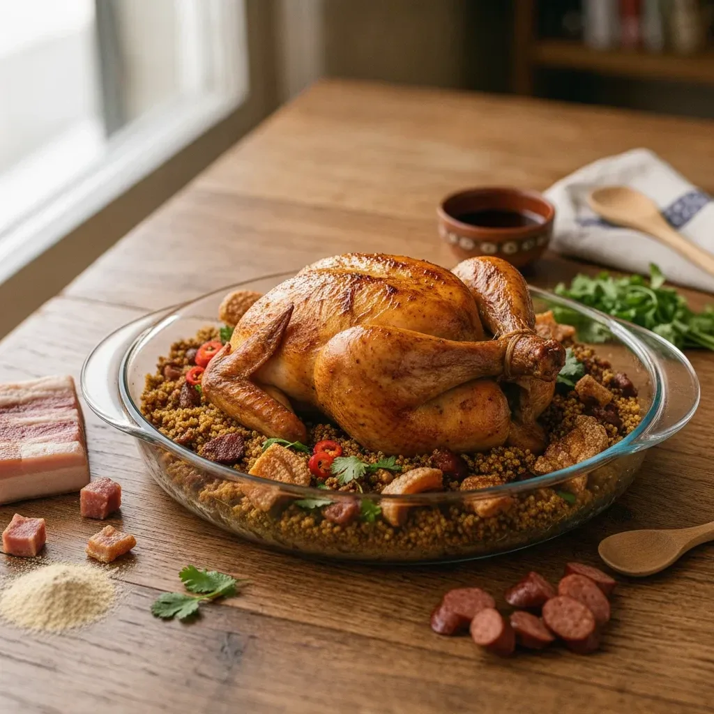Frango assado na pressão com farofa crocante