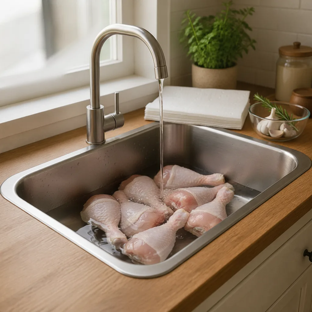 Comece preparando o frango: lave bem os pedaços e seque com papel toalha