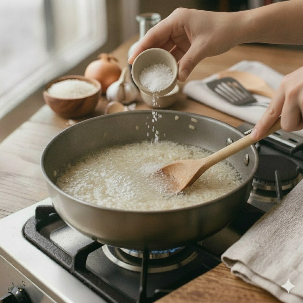 Tilsæt salt efter smag og rør forsigtigt rundt.