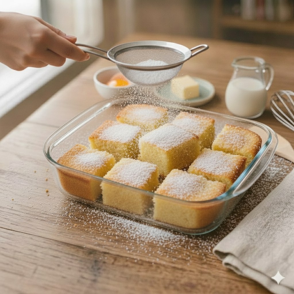 Passe os pedaços de bolo em açúcar refinado antes de servir