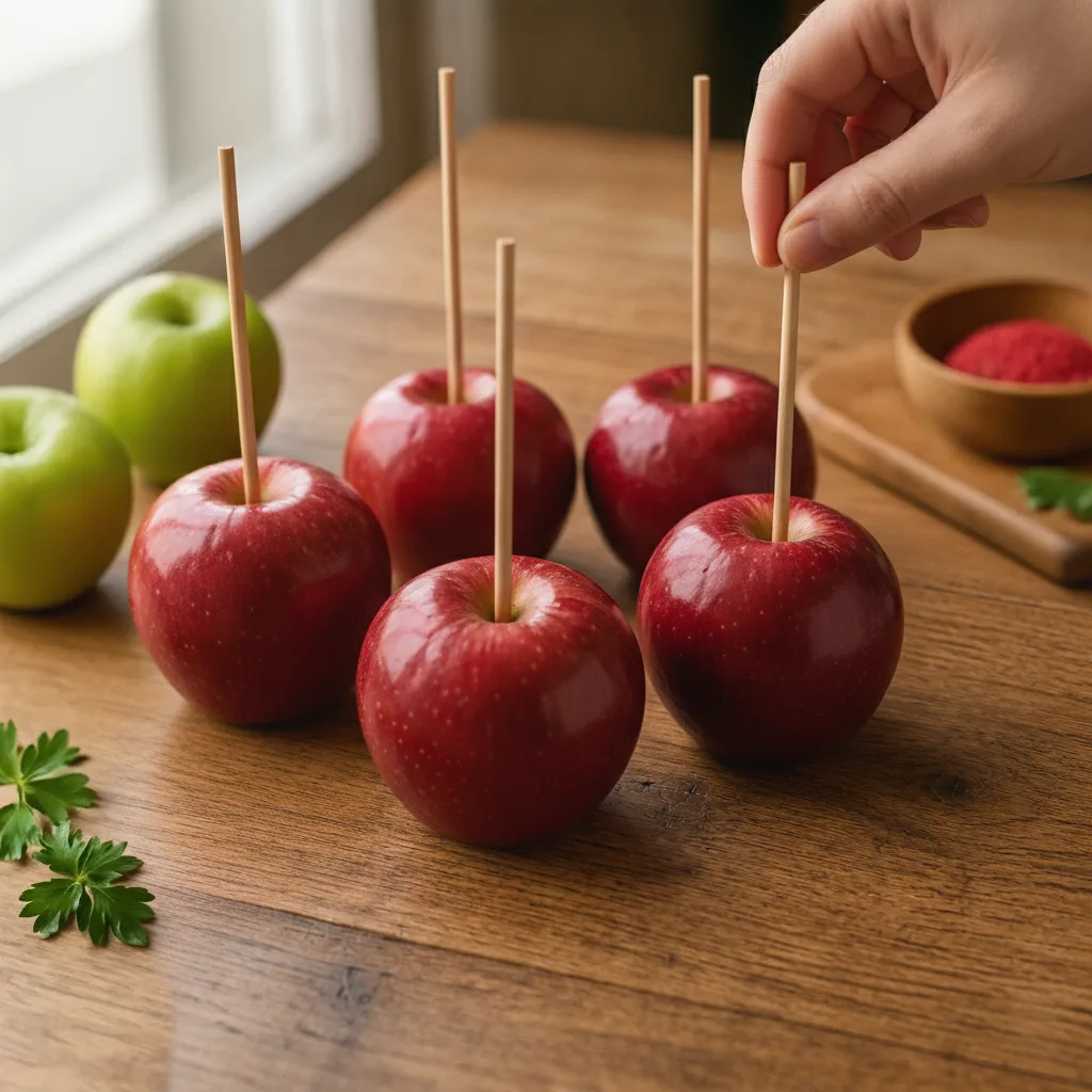 Báigh bataí oighir (popsicle sticks) isteach i lár gach úll ionas gur féidir iad a láimhseáil go héasca agus iad a thumadh