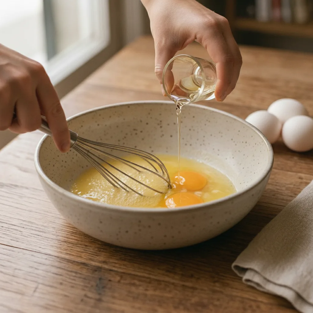 In a large bowl, lightly beat the eggs and mix with the oil, cachaça (or vodka), and salt