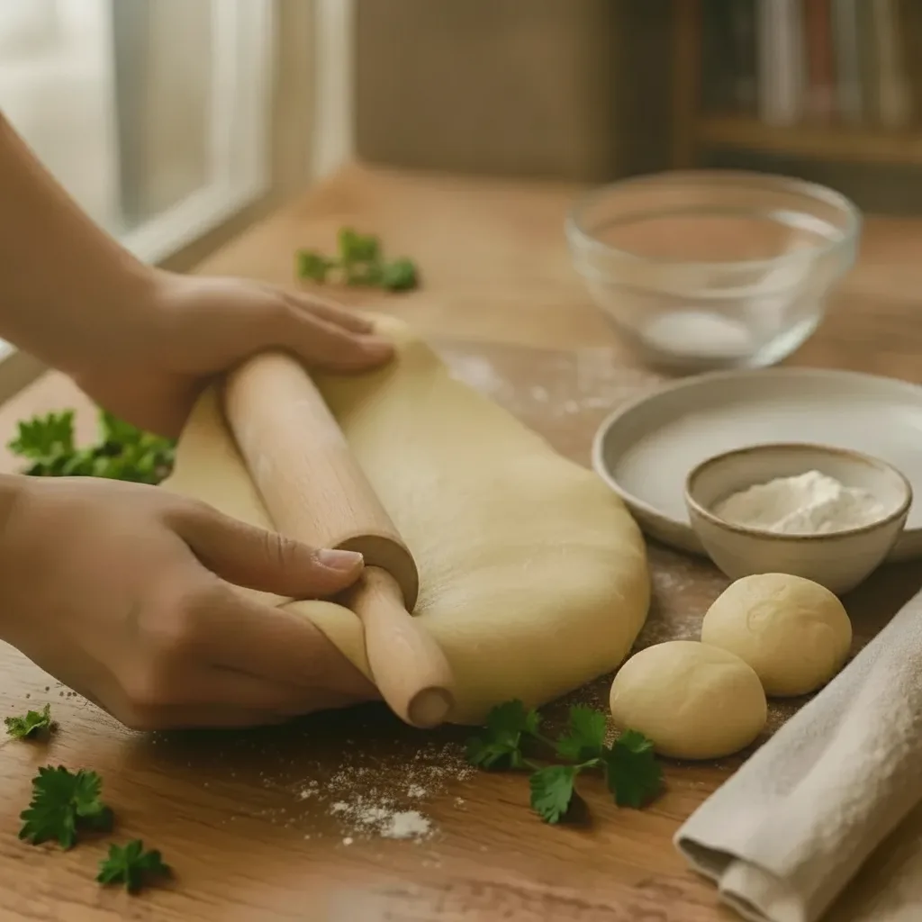 Divide the dough into smaller portions and roll each one out with a rolling pin on a lightly floured surface until very thin
