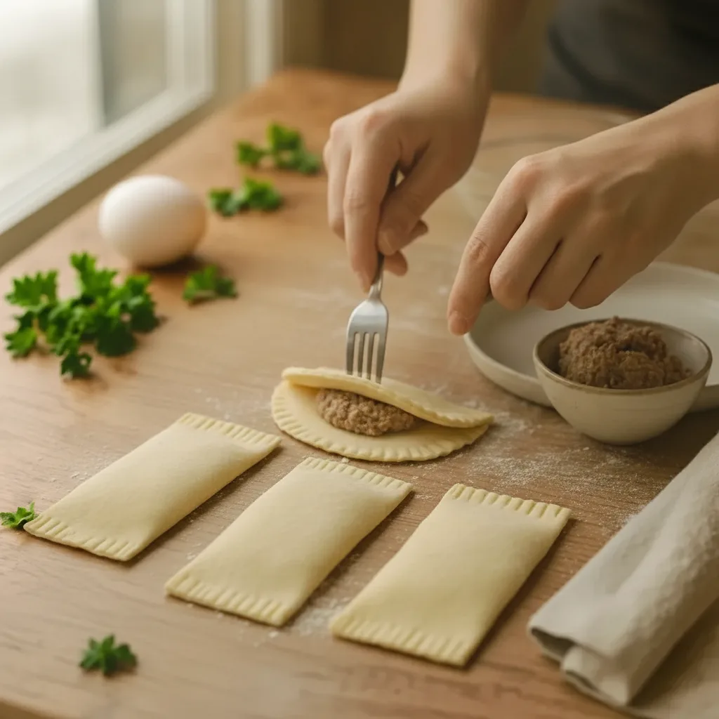 Fold the dough over the filling and seal the edges well by pressing with your fingers or using a fork