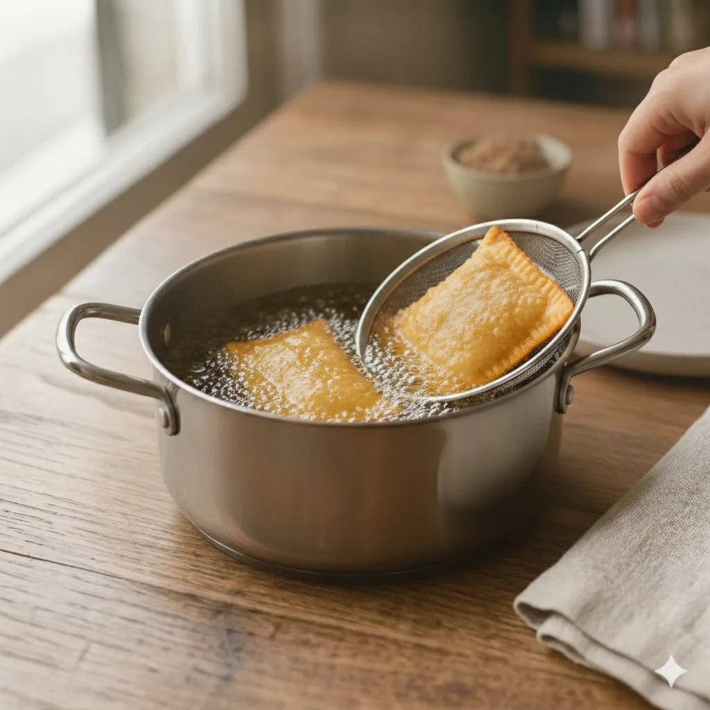 Deep-fry the pastries for about 2 to 3 minutes on each side, or until they are golden and crispy