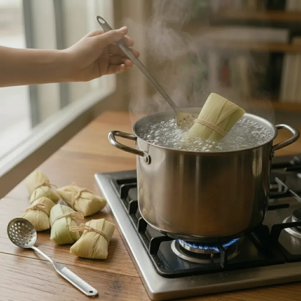 Submerge the pamonha packages one by one into the boiling water, maintaining a steady boil