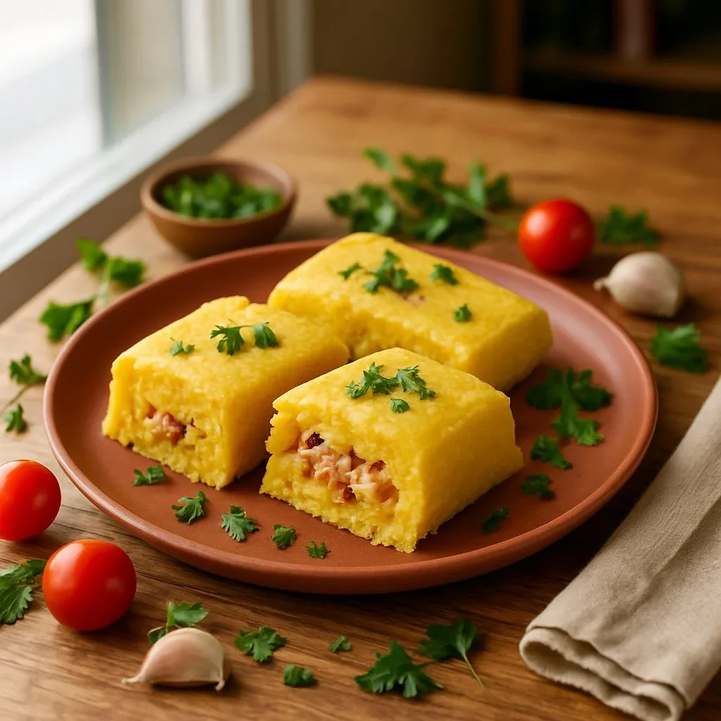 Pamonha salgada fácil e saborosa com recheio de frango e bacon