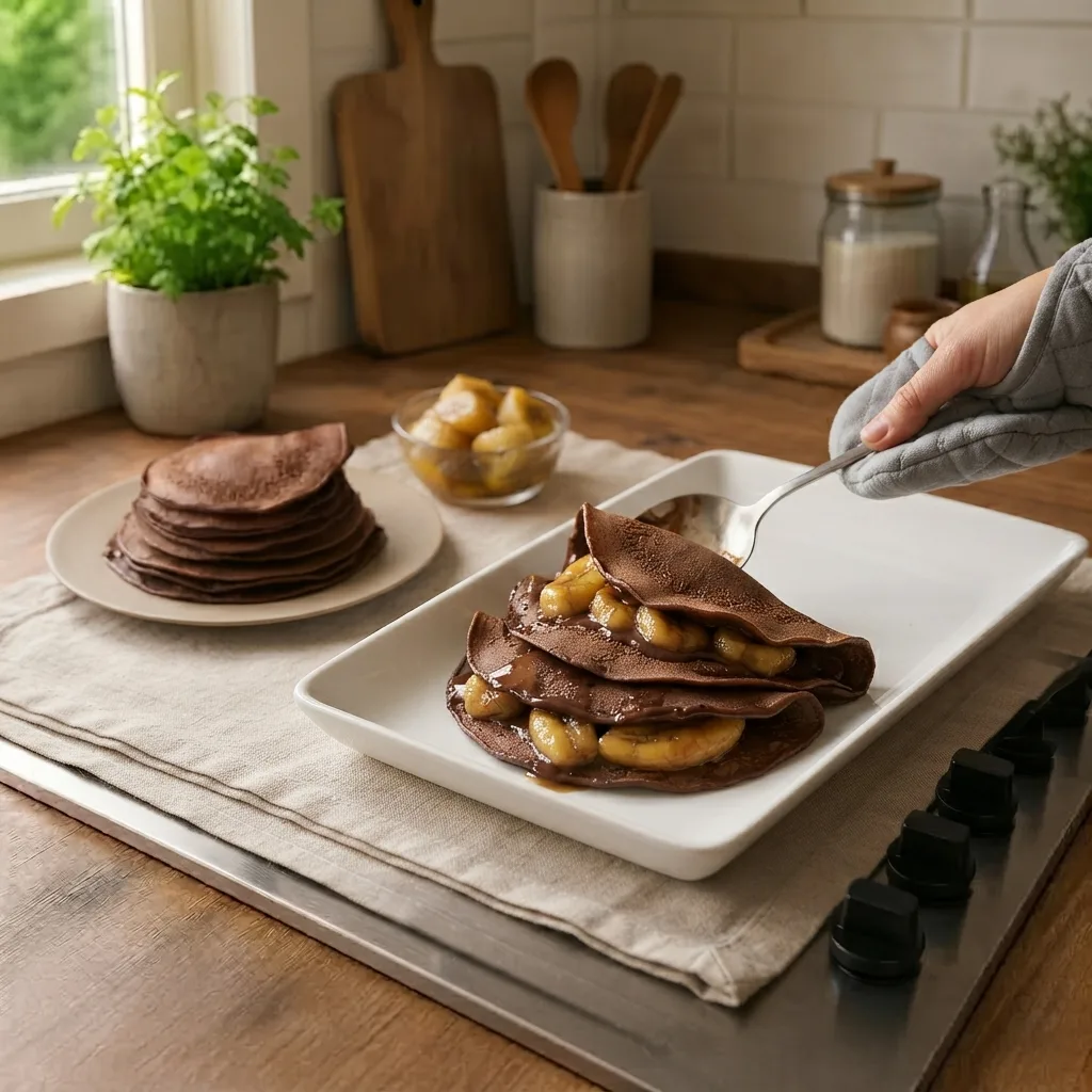 Distribute the caramelized bananas over each pancake, roll or fold them, and arrange them on a serving platter.