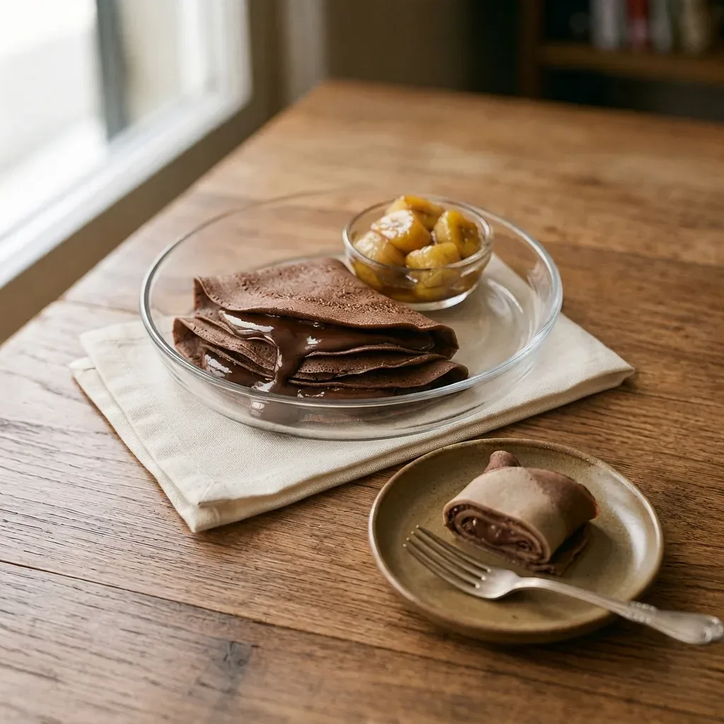 Pancac Siocled gyda Banana wedi'i Garameleiddio (Panqueca doce de chocolate com banana caramelizada)