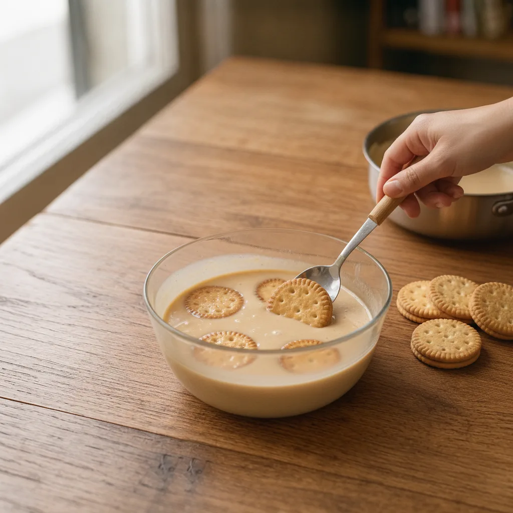 In a deep dish, mix a little milk with a few spoonfuls of the cashew cream to moisten the biscuits.