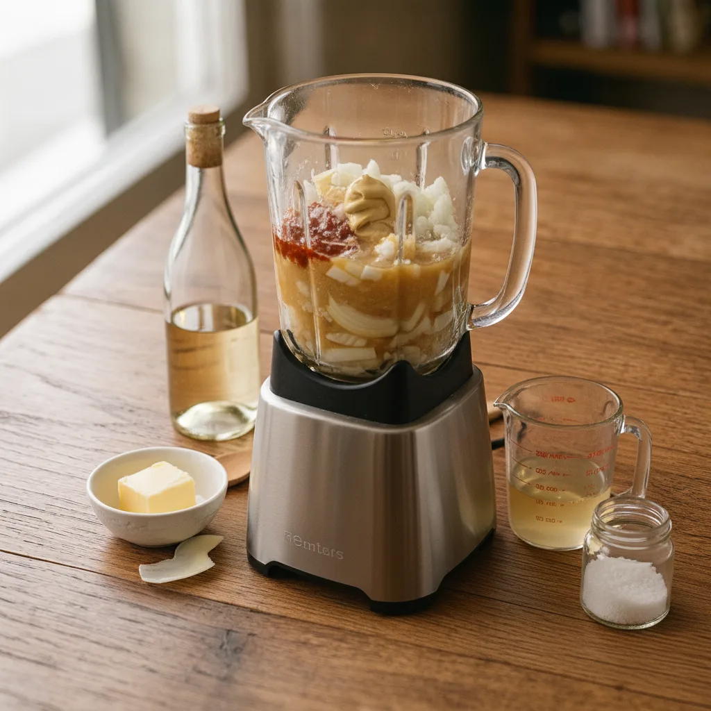 Nel frullatore, unisci le cipolle tritate, la salsa piccante, la senape, 1 tazza di vino bianco, 1 tazza di brodo di pollo, 1 tazza di burro fuso della marinata e il sale