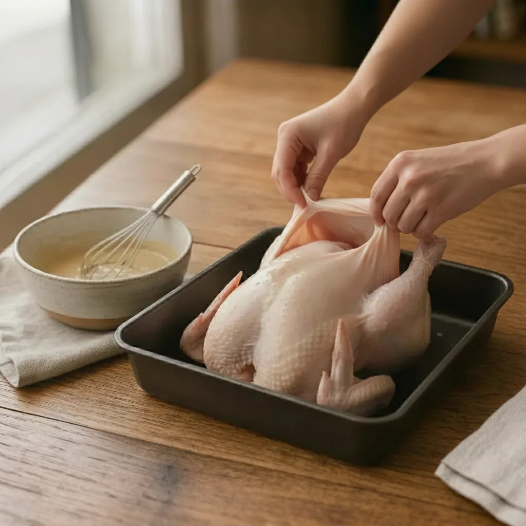 Con delicatezza, solleva la pelle del petto del tacchino usando le mani, creando uno spazio tra la pelle e la carne
