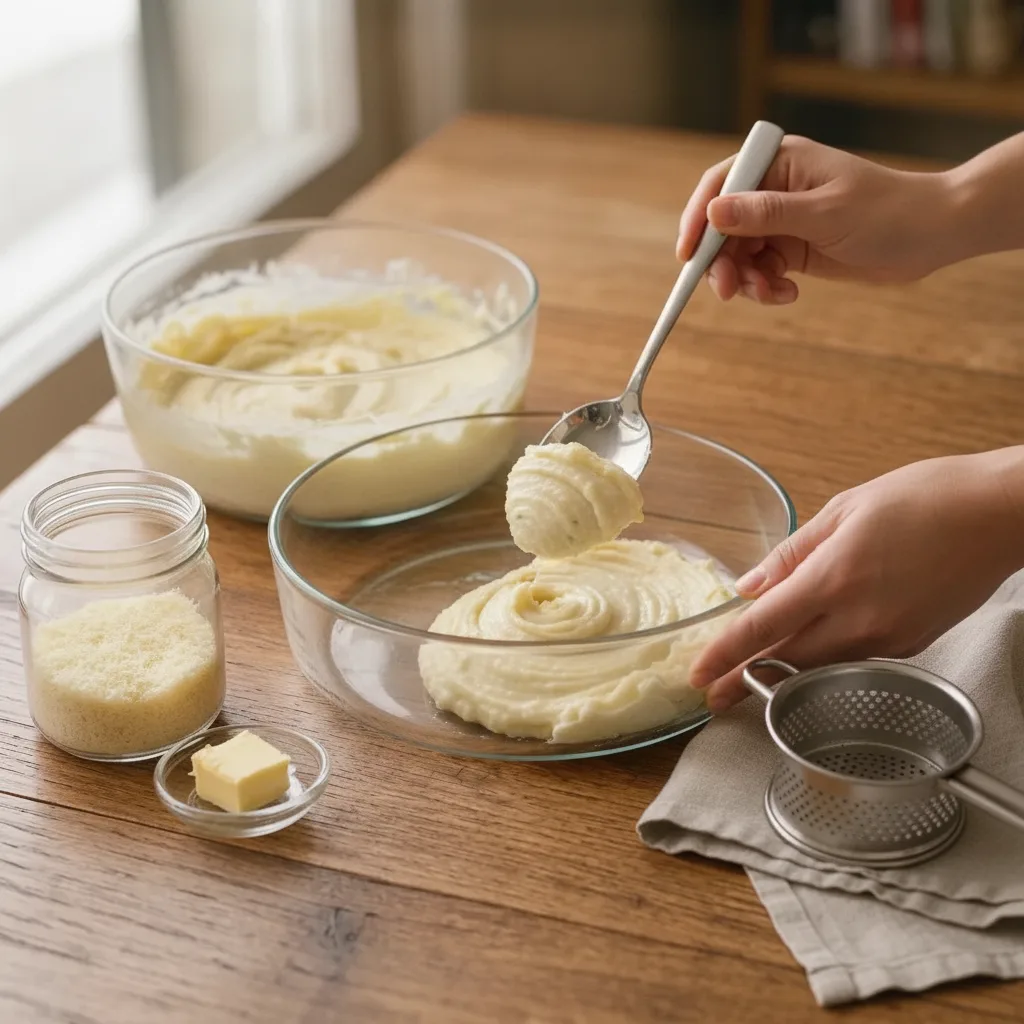 Vet een ovenschaal in met margarine en maak lagen van de voorbereide puree, met de rest van de parmezaan eroverheen.
