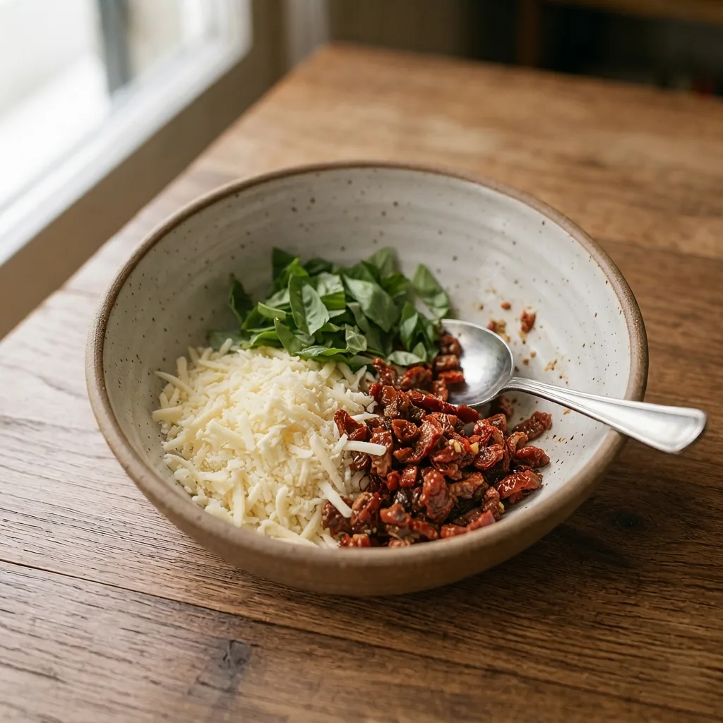 볼에 모짜렐라 치즈, 물기를 잘 뺀 선드라이 토마토, 바질을 넣고 섞어 속재료를 준비합니다.