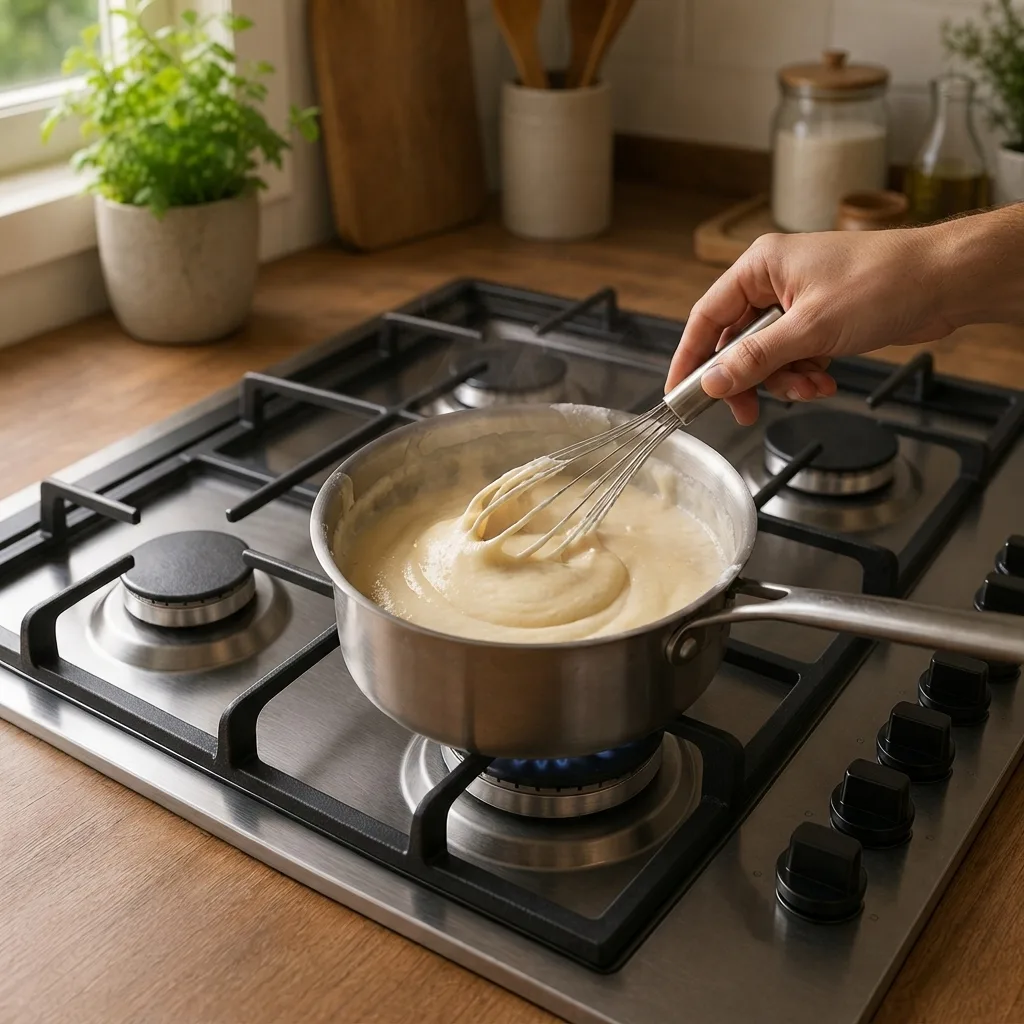 중불에서 반죽이 걸쭉해지고 냄비 바닥에서 완전히 떨어질 때까지 계속 저어가며 익힙니다.