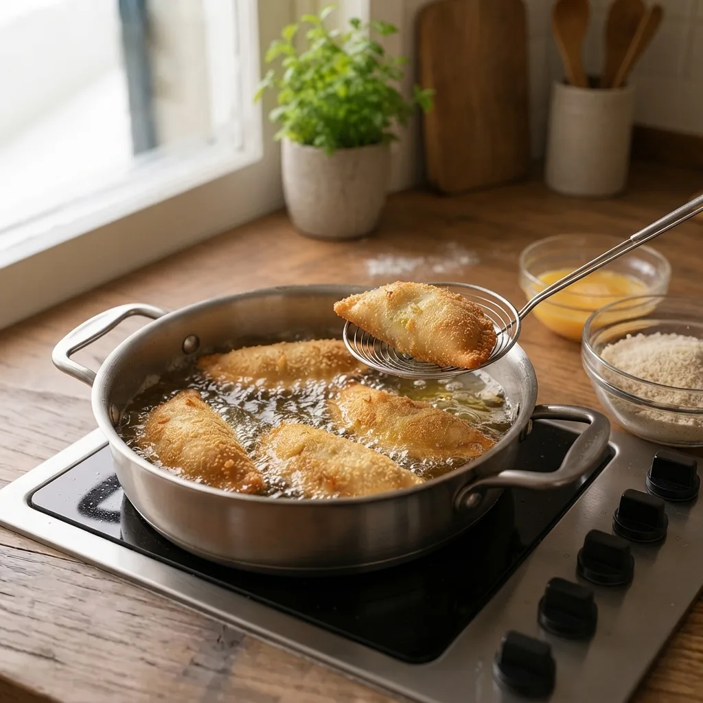 리졸레에 푼 달걀을 묻히고 빵가루를 입힌 다음, 기름에 노릇하고 바삭해질 때까지 튀깁니다.