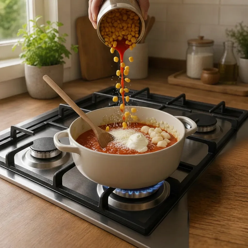 After the rice is cooked, add the ingredients one by one: corn, tomato sauce, grated cheese, hearts of palm, and finally the cream cheese.