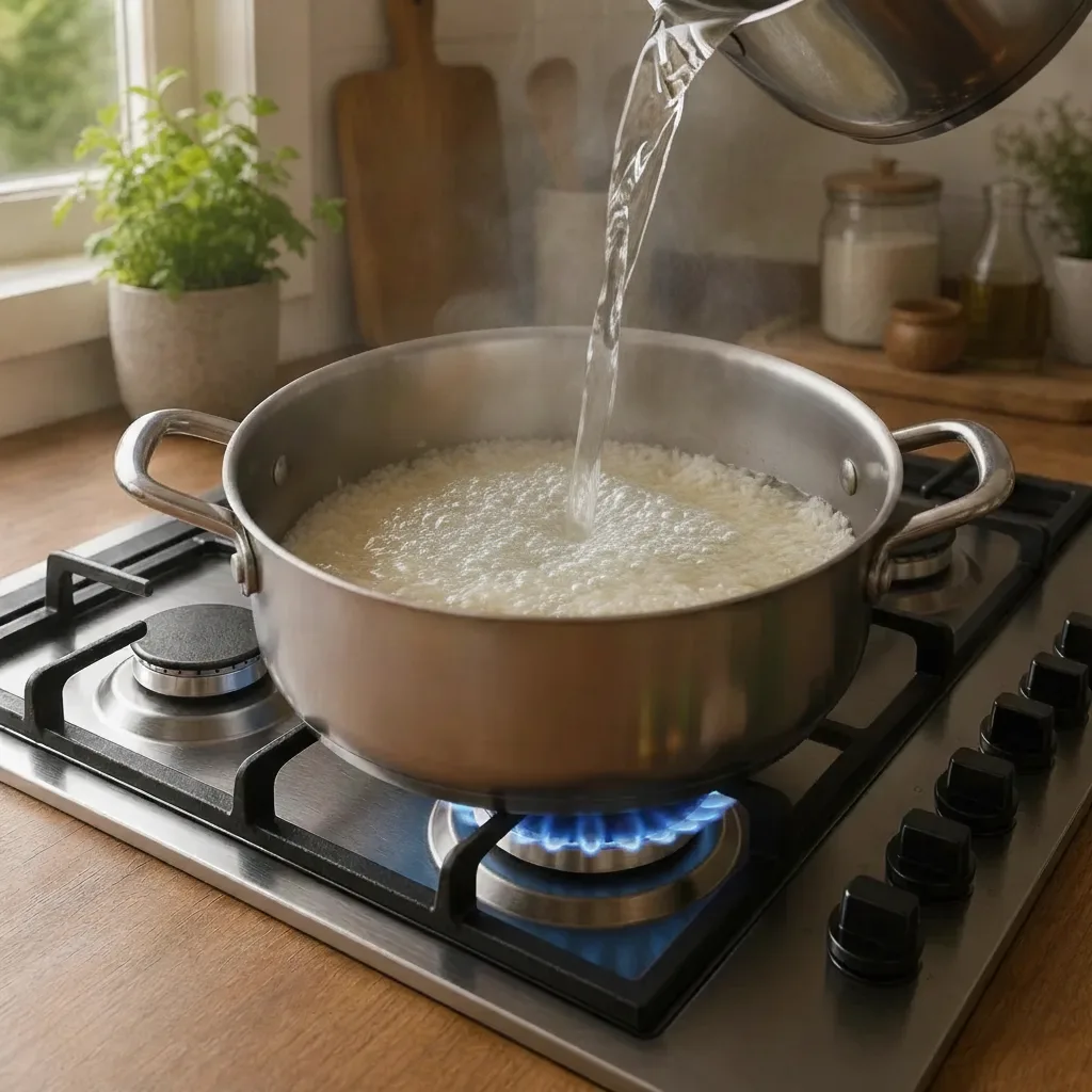 Hæld det kogende vand i gryden og krydr med salt efter smag