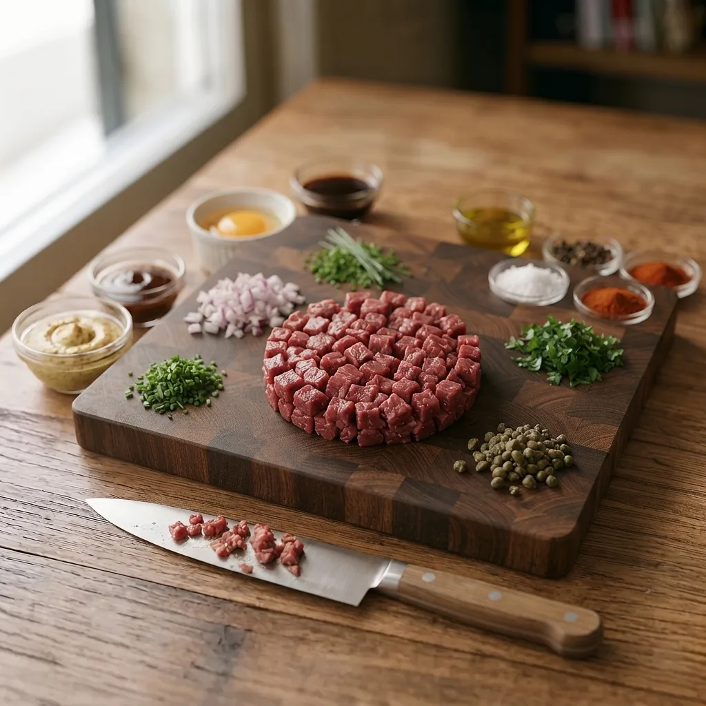 Hand-chop the beef with a sharp knife to achieve small, uniform cubes.