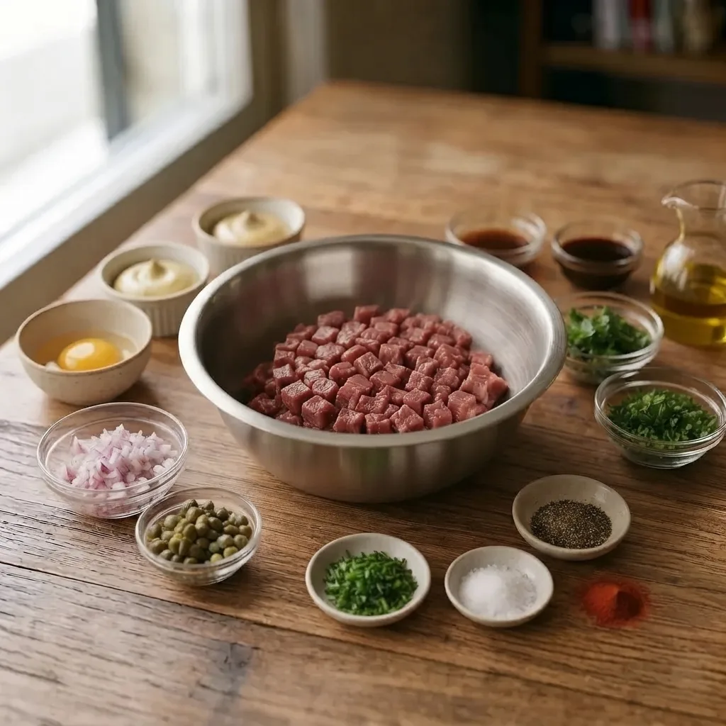 Place the meat in a mixing bowl and add the egg yolk, mustard, capers, Worcestershire sauce, onion, parsley, chives, salt, pepper, and paprika.