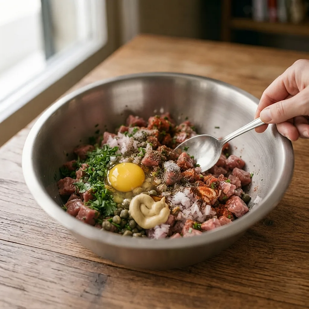 Gently mix everything together until the seasonings are well incorporated throughout the meat.