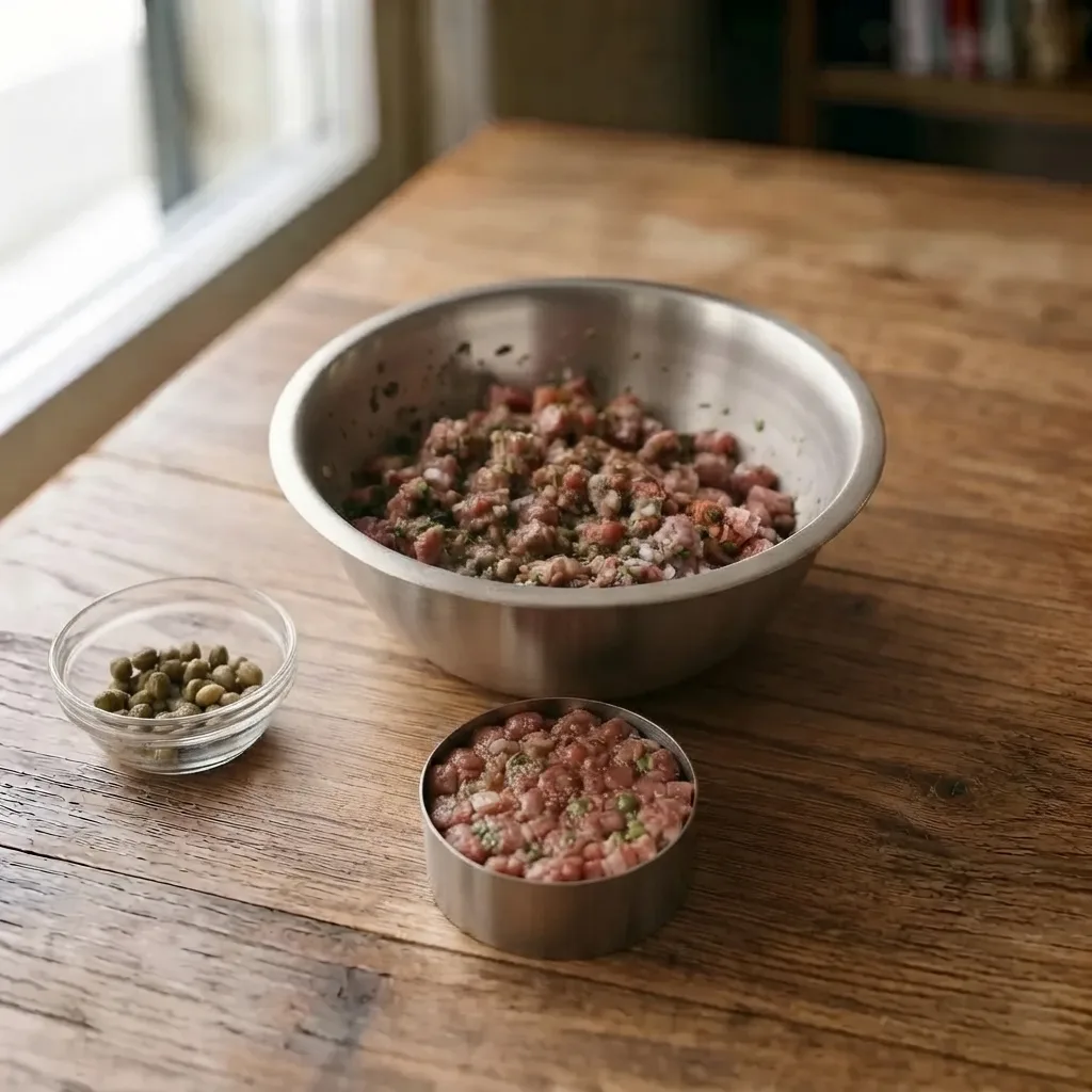 Shape the steak into individual portions using a metal ring mold or gently shape it with your hands.