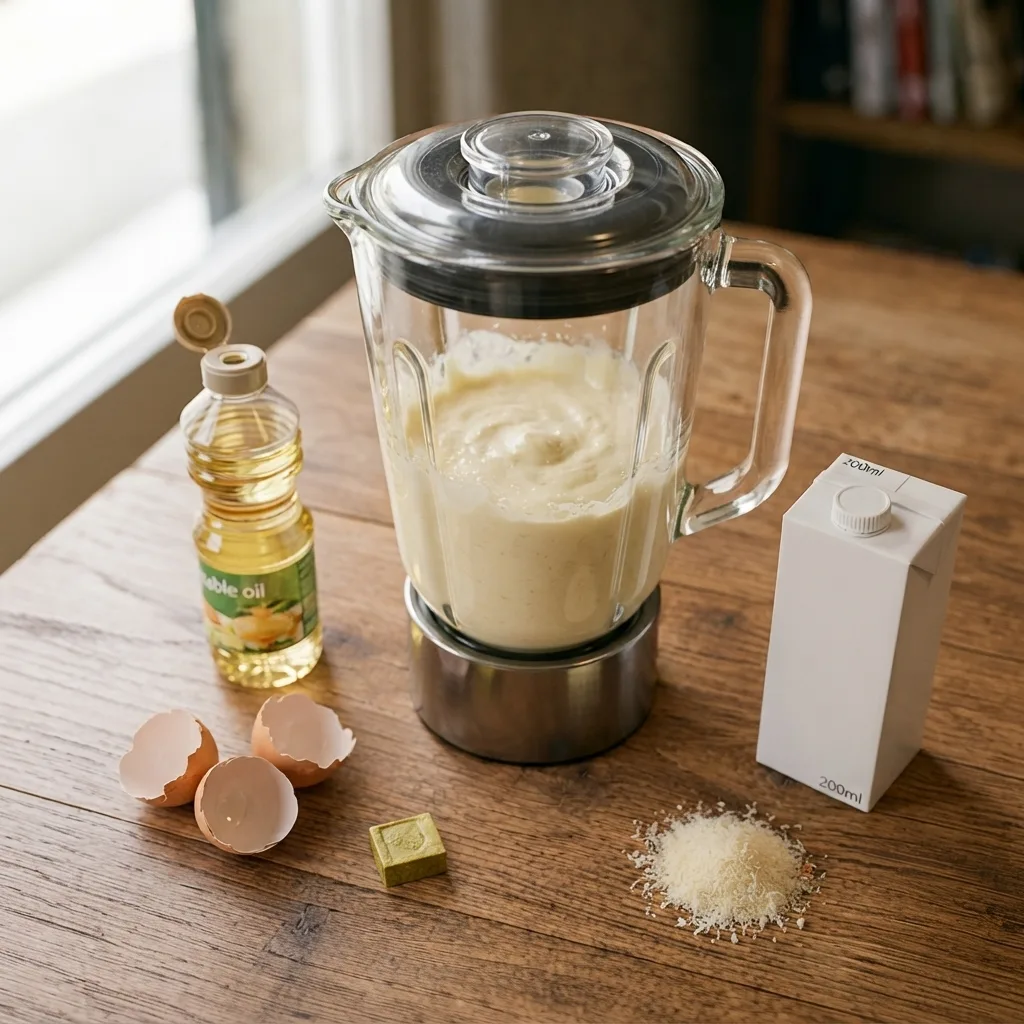 In a blender, combine the eggs, oil, grated cheese, milk, and chicken bouillon until smooth.