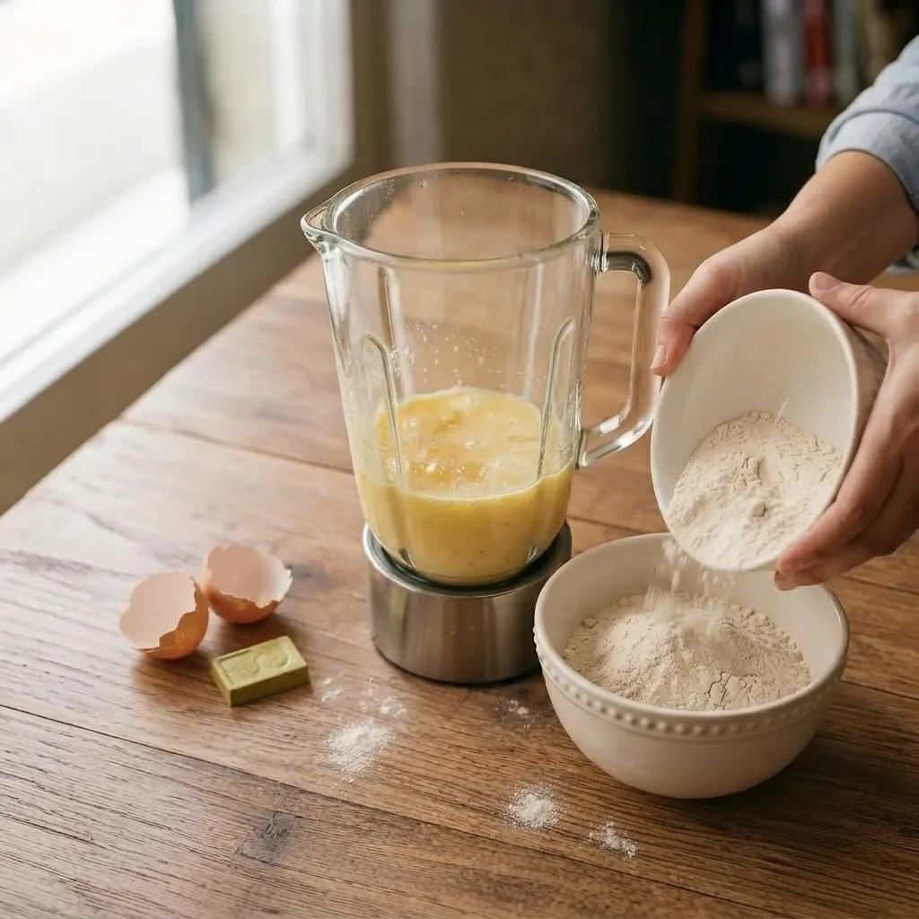 Add the flour and baking powder to the blender mixture and pulse just enough to incorporate everything.