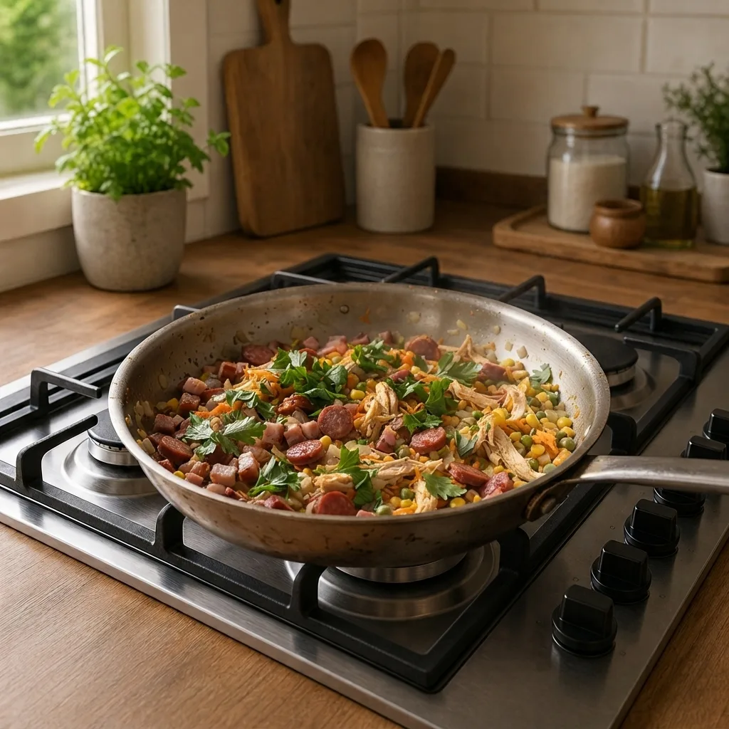 Sauté the bacon and calabresa, then add the shredded chicken, corn, peas, carrot, and onion, mixing well with the parsley.