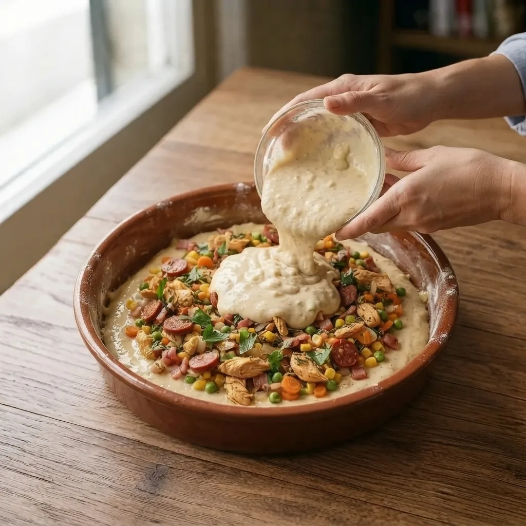 Grease a baking dish with oil and flour, pour in half of the batter, distribute the filling on top, and cover with the remaining batter.