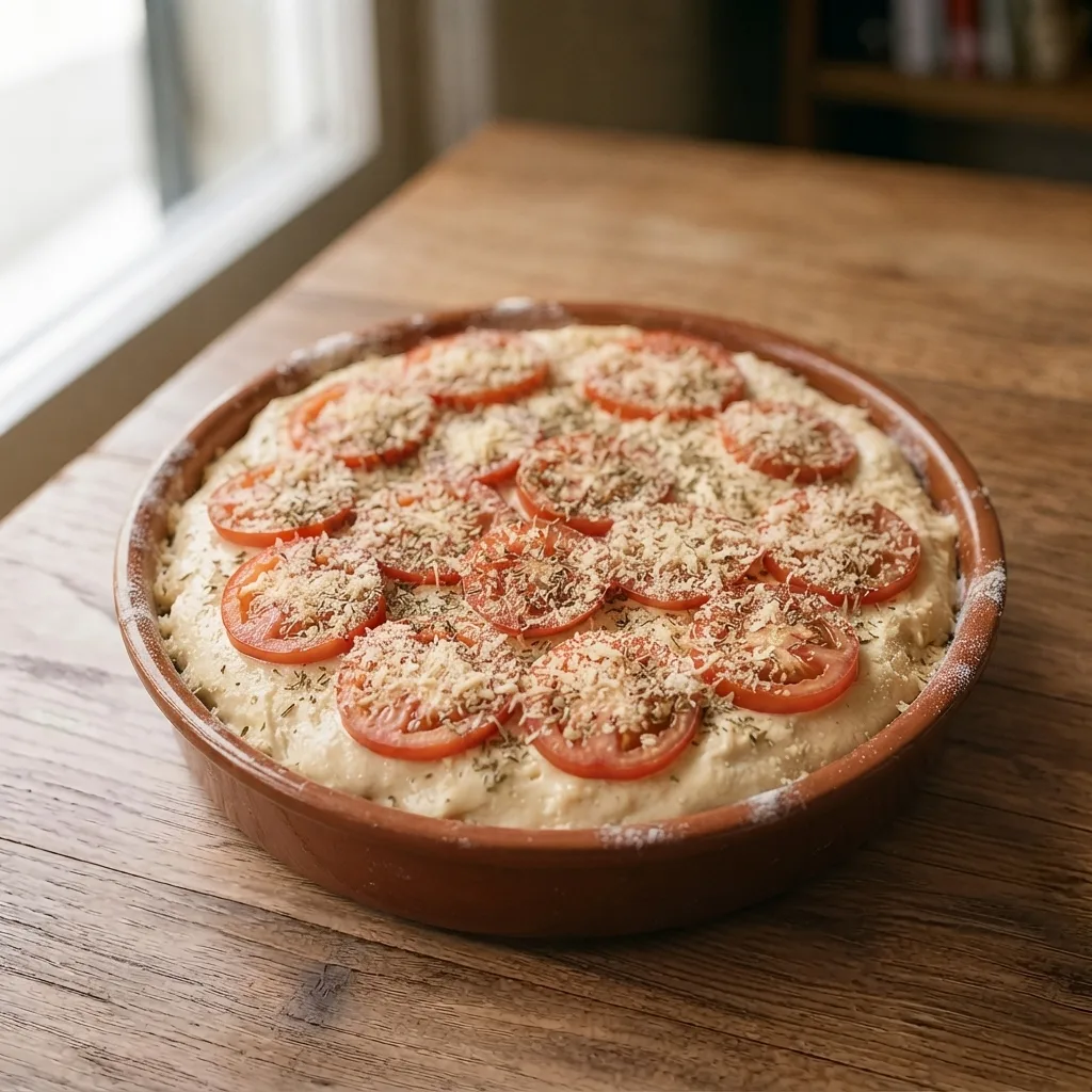Finish the assembly by decorating with tomato slices, a pinch of oregano, and grated Parmesan cheese to taste.
